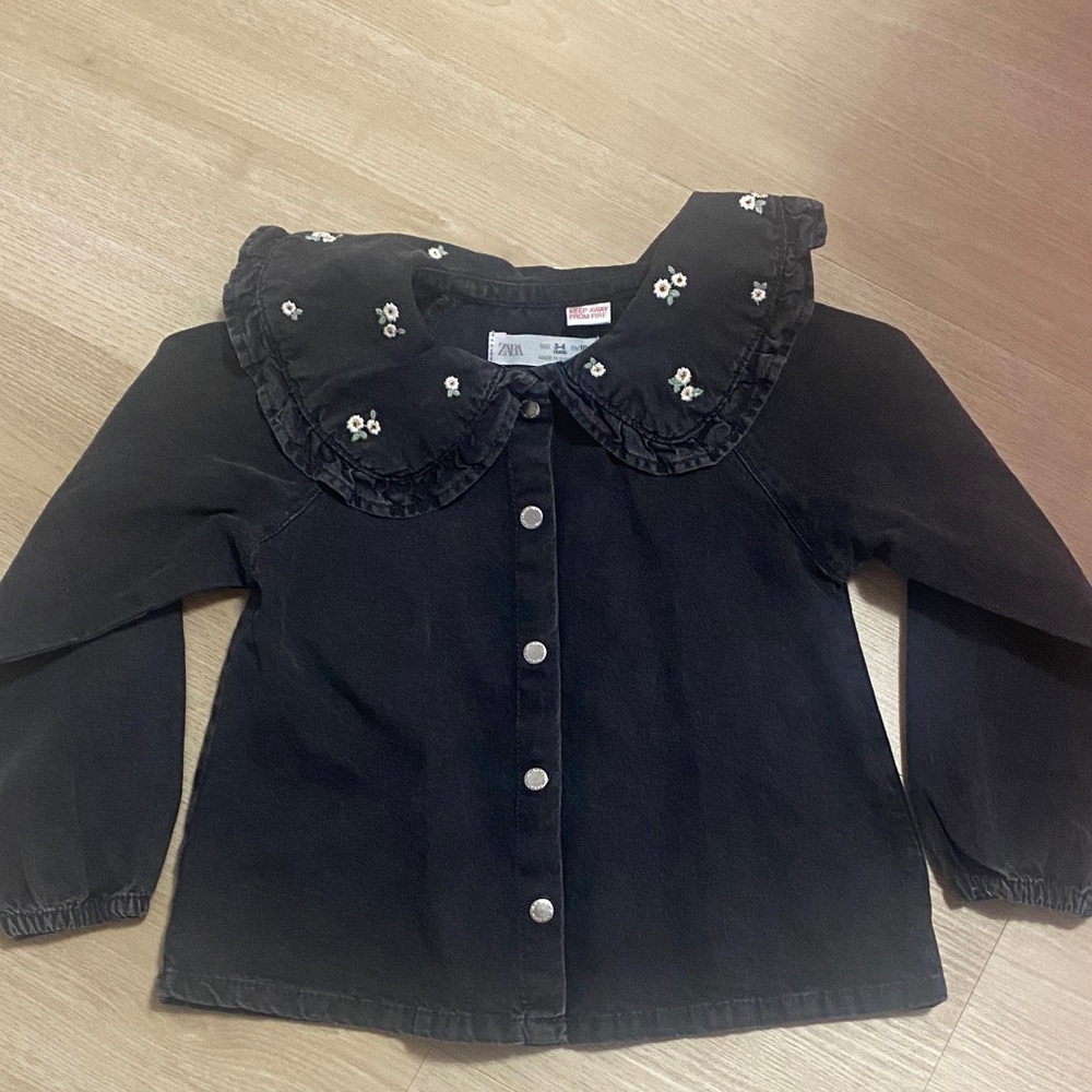 Zara Black Button Down Kids Shirt with White Floral Embroidery